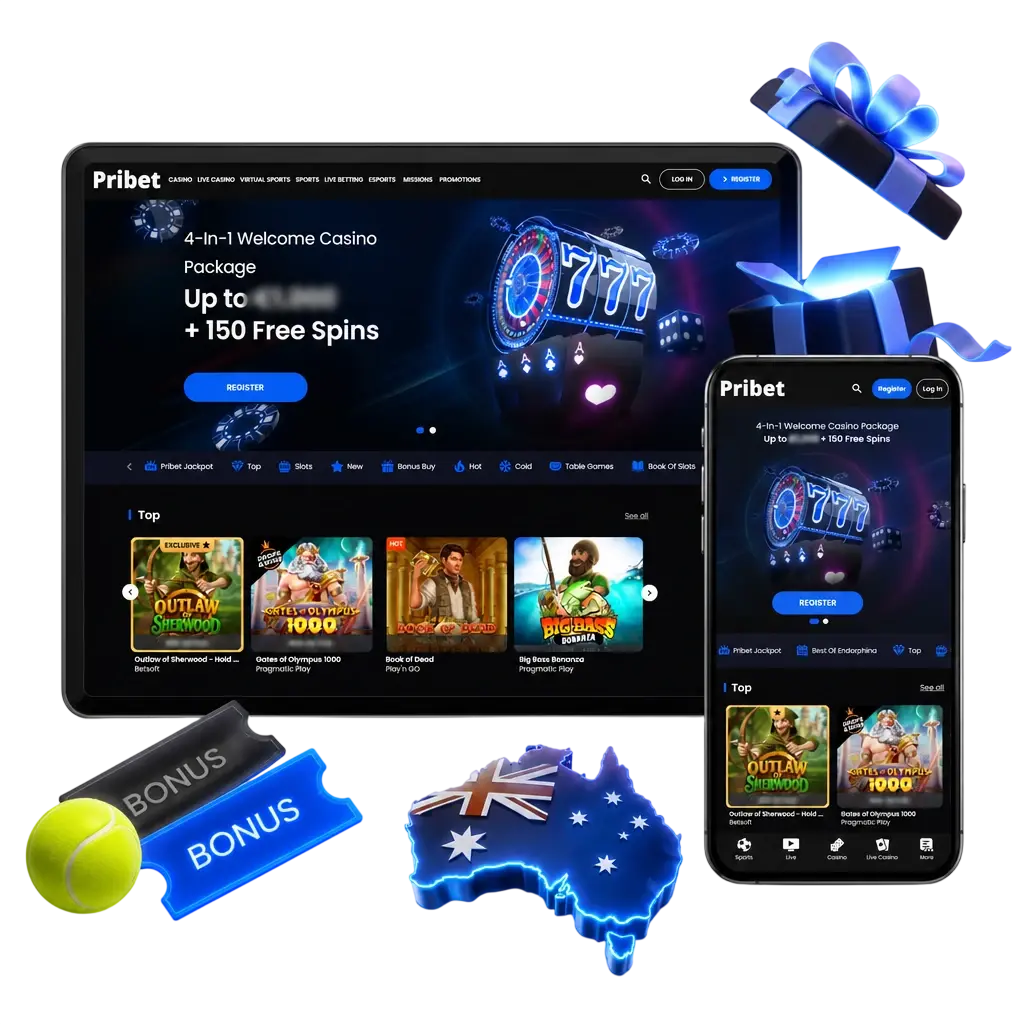 Pribet tennis betting bonus: 100% deposit match up to 320 AUD or 4-in-1 casino package for new Australian accounts
