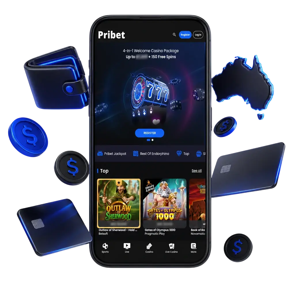 Pribet app cashier showing payment methods for Australian users, including Skrill, VISA, MasterCard, Neteller and crypto