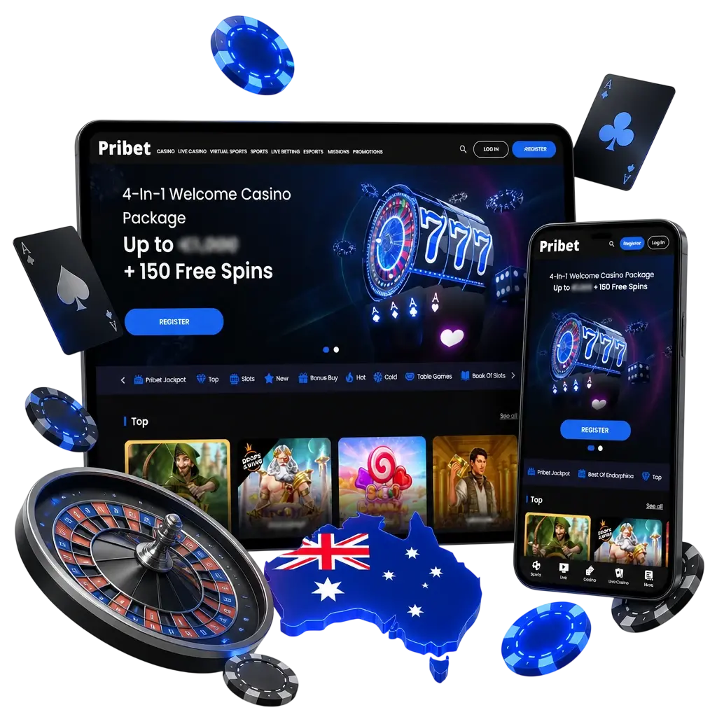 Pribet Casino welcome bonus: 4-in-1 package up to 2,420 AUD plus 150 free spins across four qualifying deposits.