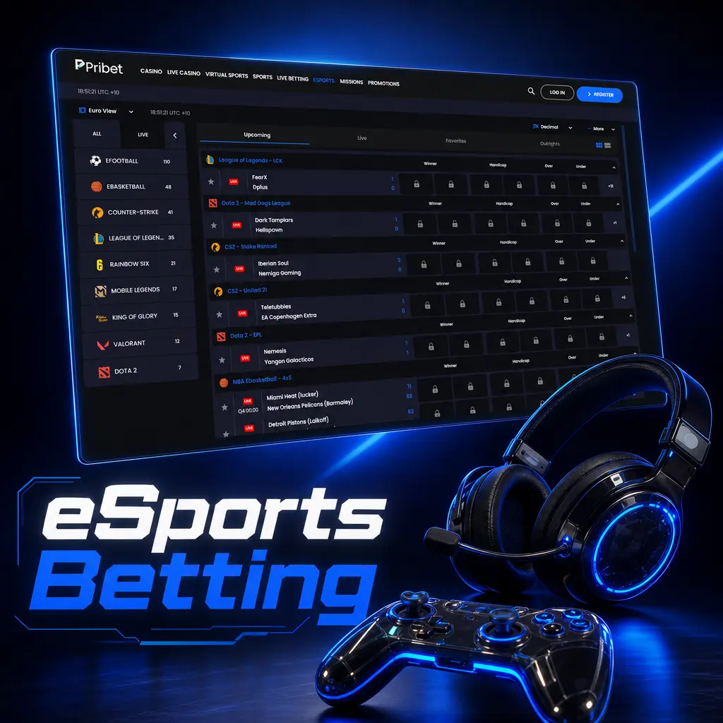 Esports betting on Pribet: CS2, Dota 2, League of Legends and Valorant markets with match winner, map handicap and totals
