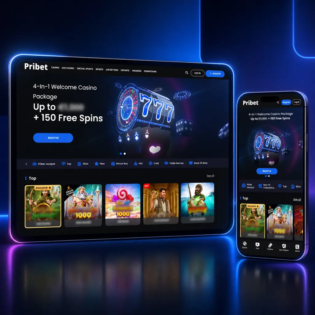 Pribet official website homepage with dark blue theme, top navigation bar, sports and casino menus, bet slip and cashier