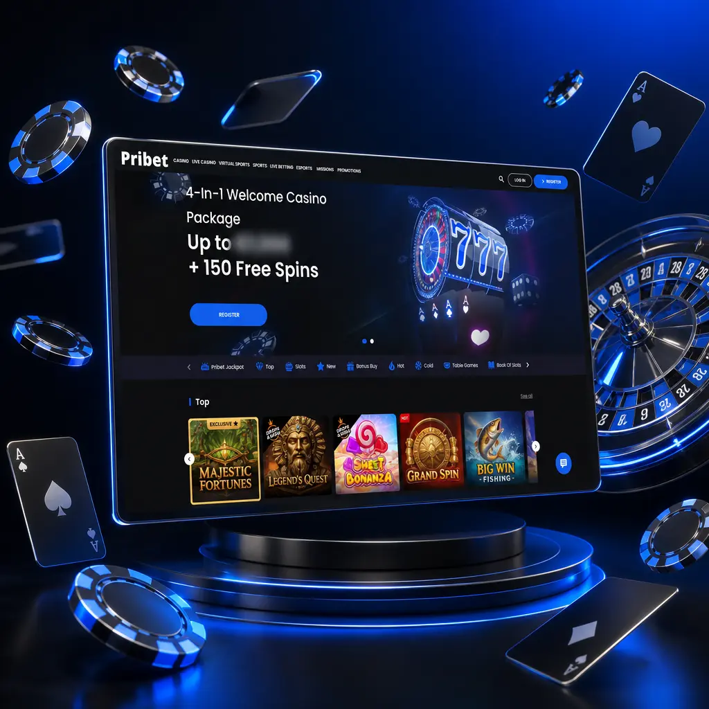 Pribet Online Casino lobby featuring slots, crash games, table games and jackpot slots categories