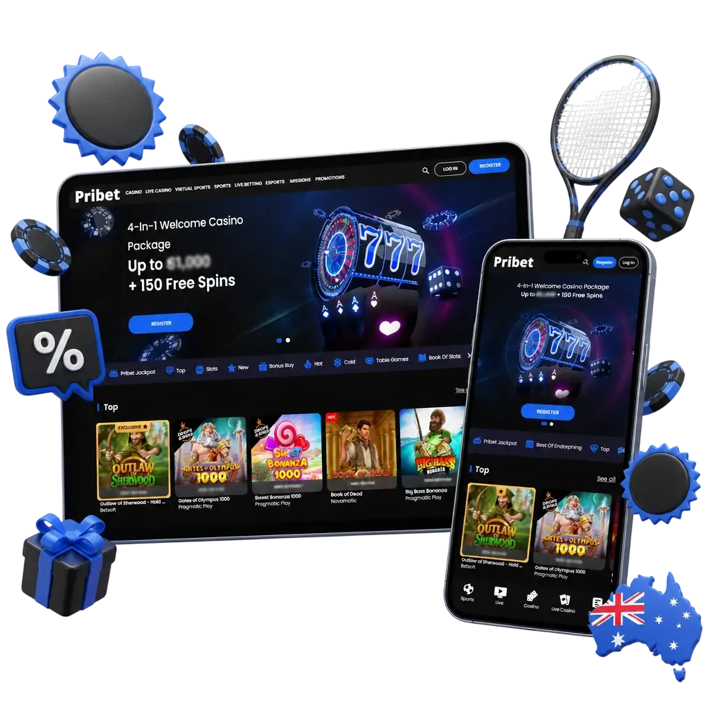 Pribet tennis betting bonuses in Australia, including welcome sports offer and casino package promotions