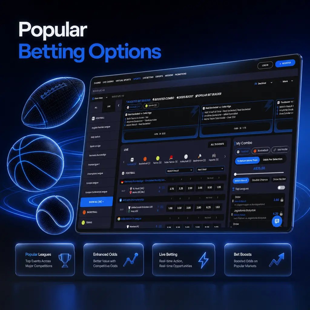 Popular betting options at Pribet: Match Winner, Handicap Betting, and Totals for Australian players