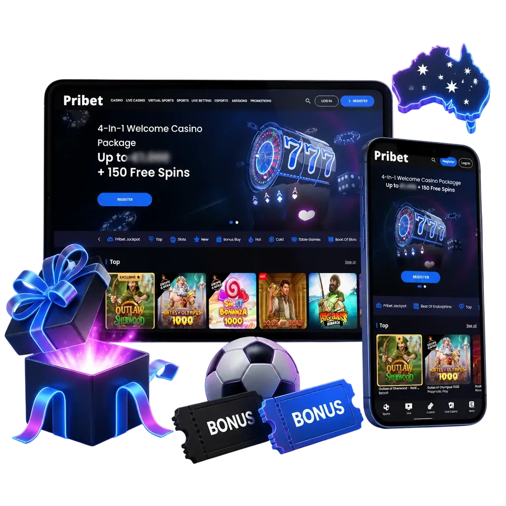 Pribet Australia football betting welcome bonus: up to 320 AUD plus 150 free spins on your first deposit.
