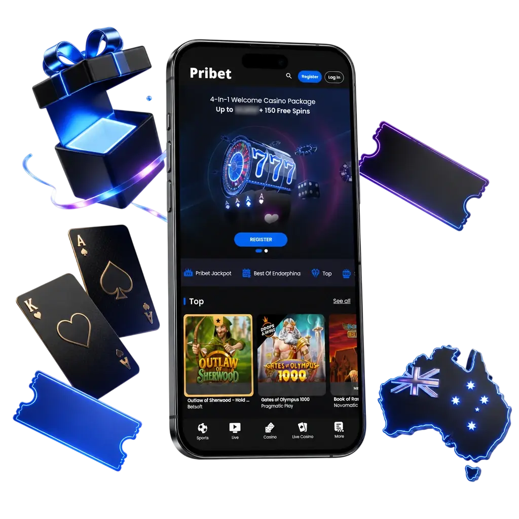 Pribet app welcome bonus for Australian players: up to 2,420 AUD 4-in-1 package or 100% match up to 320 AUD, plus free spins